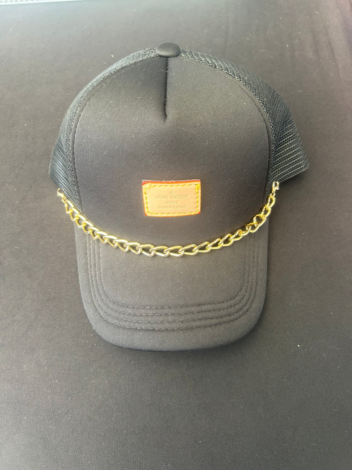 Repurposed LV leather patch Trucker Hat with chain