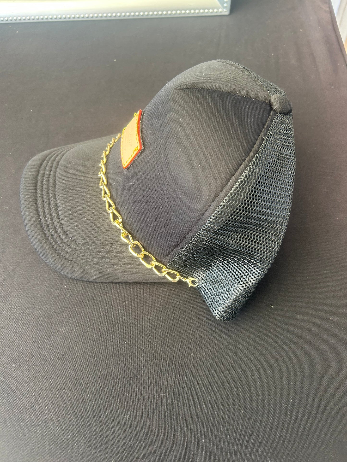 Repurposed LV leather patch Trucker Hat with chain