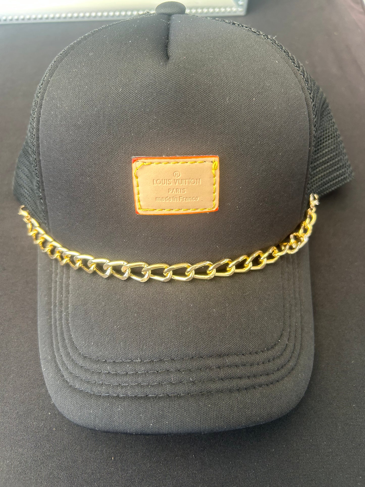 Repurposed LV leather patch Trucker Hat with chain